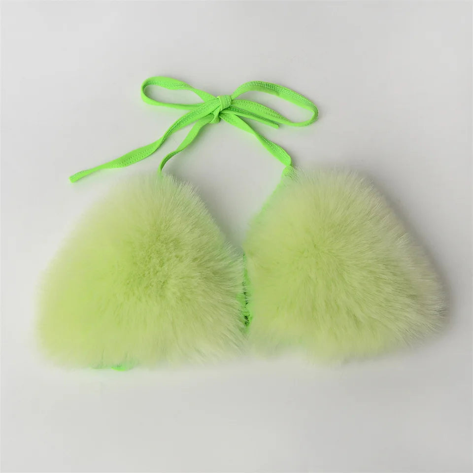 Summer Women Fake Fox Fur Sexy Halter Solid Color Bikini Set Swimsuits Triangle Sexy Bikini Set Faux Fur Swimsuit Plush Swimwear