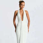 Sexy Deep V-neck Backless Halter Maxi Dresses Women's Sleeveless High Waist Bodycon Pleated Robe 2026 New Evening Party Gown