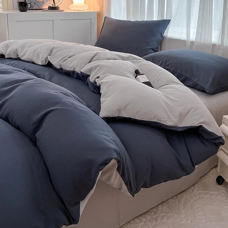 2-side Solid Color Brush Fabric Bed Set 4 Pieces Duvet Cover Pillowcase Bedding Set Bed Sheet Quilt Cover Single Queen King Size Main image