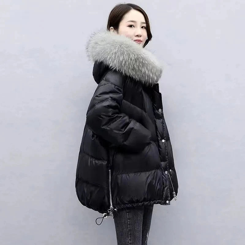 2025 Winter New Warm Down Cotton Jacket With Large Fur collar Hooded Coat Loose Women Thicken Parker Puffer Overcoat Casual wear Secondary image