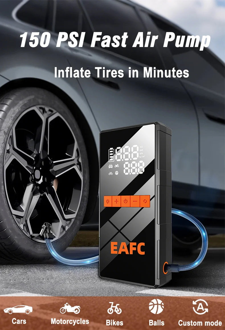 EAFC 1200A Smart Car Jump Starter with 150PSI Air Pump -8000mAh Power Bank  LED Light Smart Inflate for Cars Motorcycles Trucks