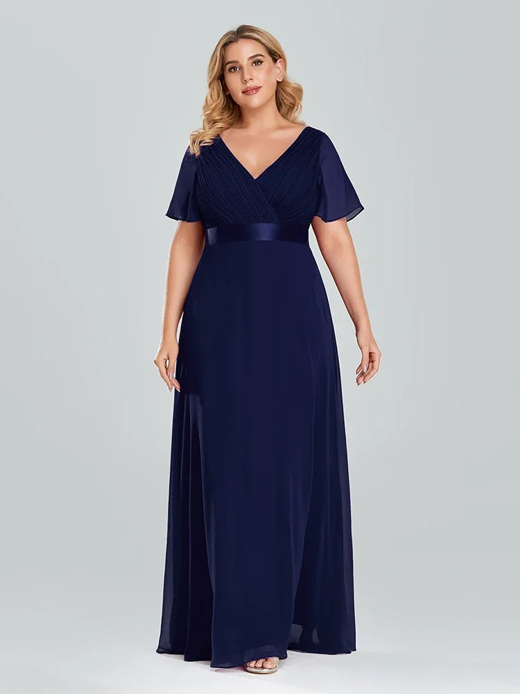 Prom Dresses Plus Size Evening Dresses Long  Elegant A Line V Neck Ruffles Chiffon Formal Wedding Party Dress Robe De Soiree
