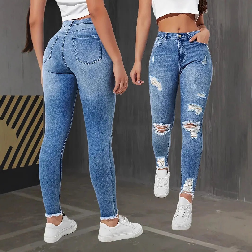 Fashion Skinny Hole Jeans Women 2026 Autumn Stretchy High Waisted Ripped Slim Retro Solid Color Denim Trousers Pants Main image