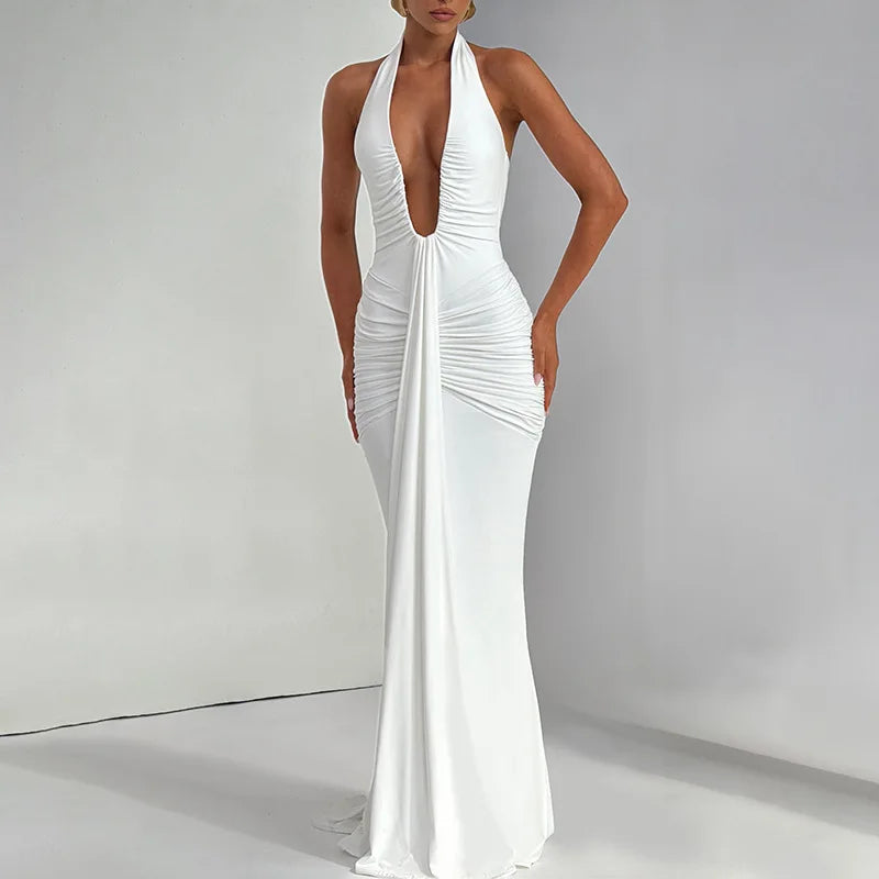 Sexy Deep V-neck Backless Halter Maxi Dresses Women's Sleeveless High Waist Bodycon Pleated Robe 2026 New Evening Party Gown