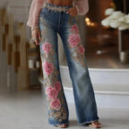 Women's Fashion and Leisure 2025 Retro Style Pink Rose Embroidery Art Print Imitation Jeans Pants