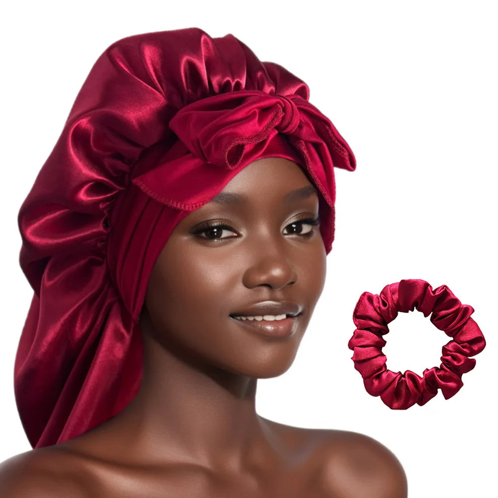 Women Bonnet Satin Sleeping Hat Long Tail Braid Hair Night Sleep Cap Head Cover Bonnets Shower Caps for Sauna Bathing Bonnet