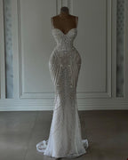 Gorgeous Mermaid Spaghetti Strap Prom Dress More Pearls Crystal Beading Evening Dress V-Neck Customized Party Gown