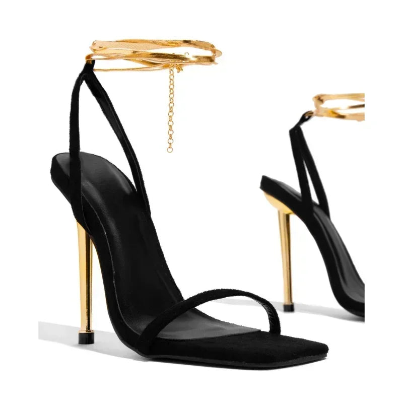 2025 Sexy Women's Gold Padlock High Heels Sandals Woman Thin Single Strap Metal Stiletto Sandals Gold Heel Shoes 36 43 Main image