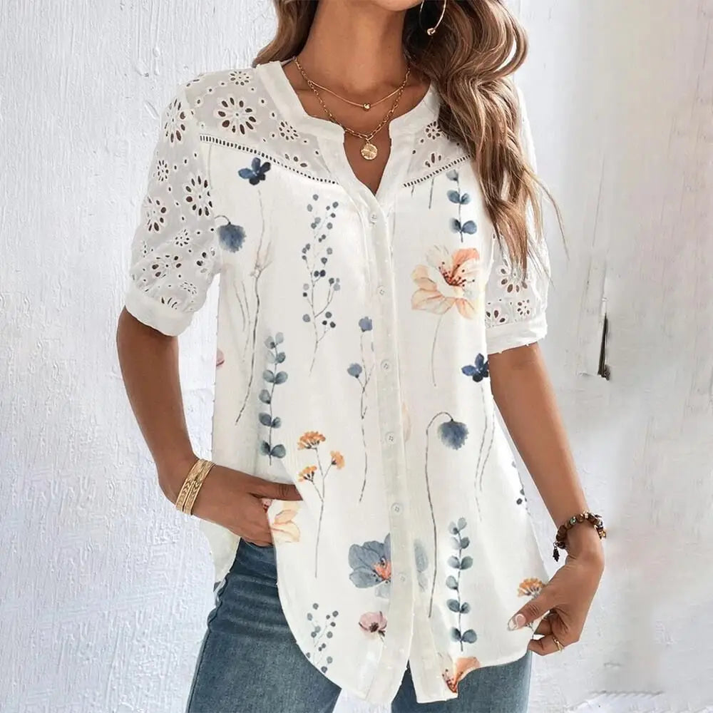Temperament Casual Lace Woman Shirt Fashion Loose Shirt Woman Elegant Short Sleeve Blouse Holiday Weekend Secondary image