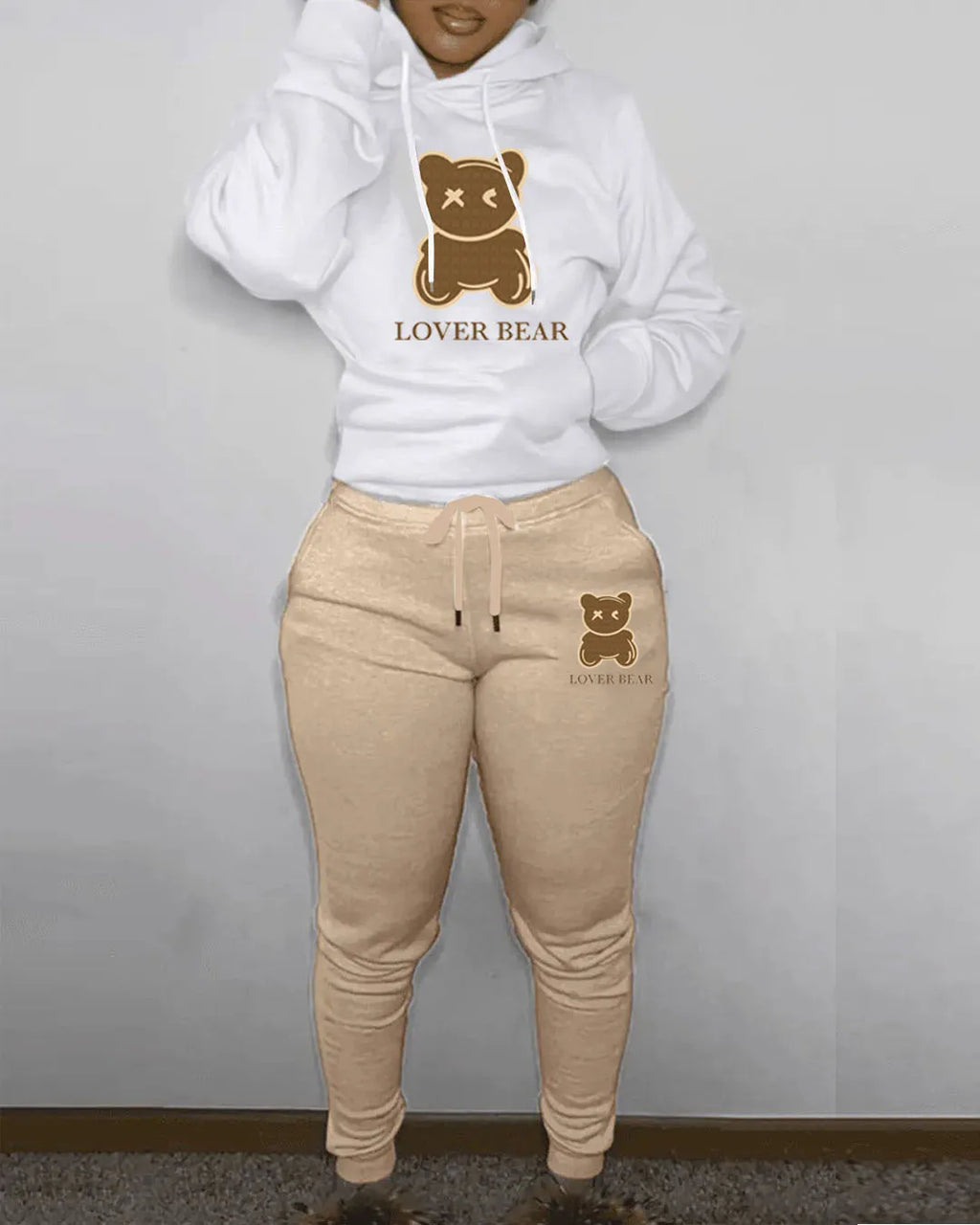 2 Piece Set Women Outfit Letter Bear Print Hooded Neck Hoodies Sweatshirt Pants Tracksuit 2024 Plus Size Streetwear Casual Suit