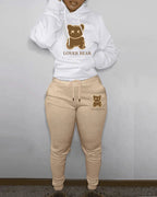 2 Piece Set Women Outfit Letter Bear Print Hooded Neck Hoodies Sweatshirt Pants Tracksuit 2024 Plus Size Streetwear Casual Suit
