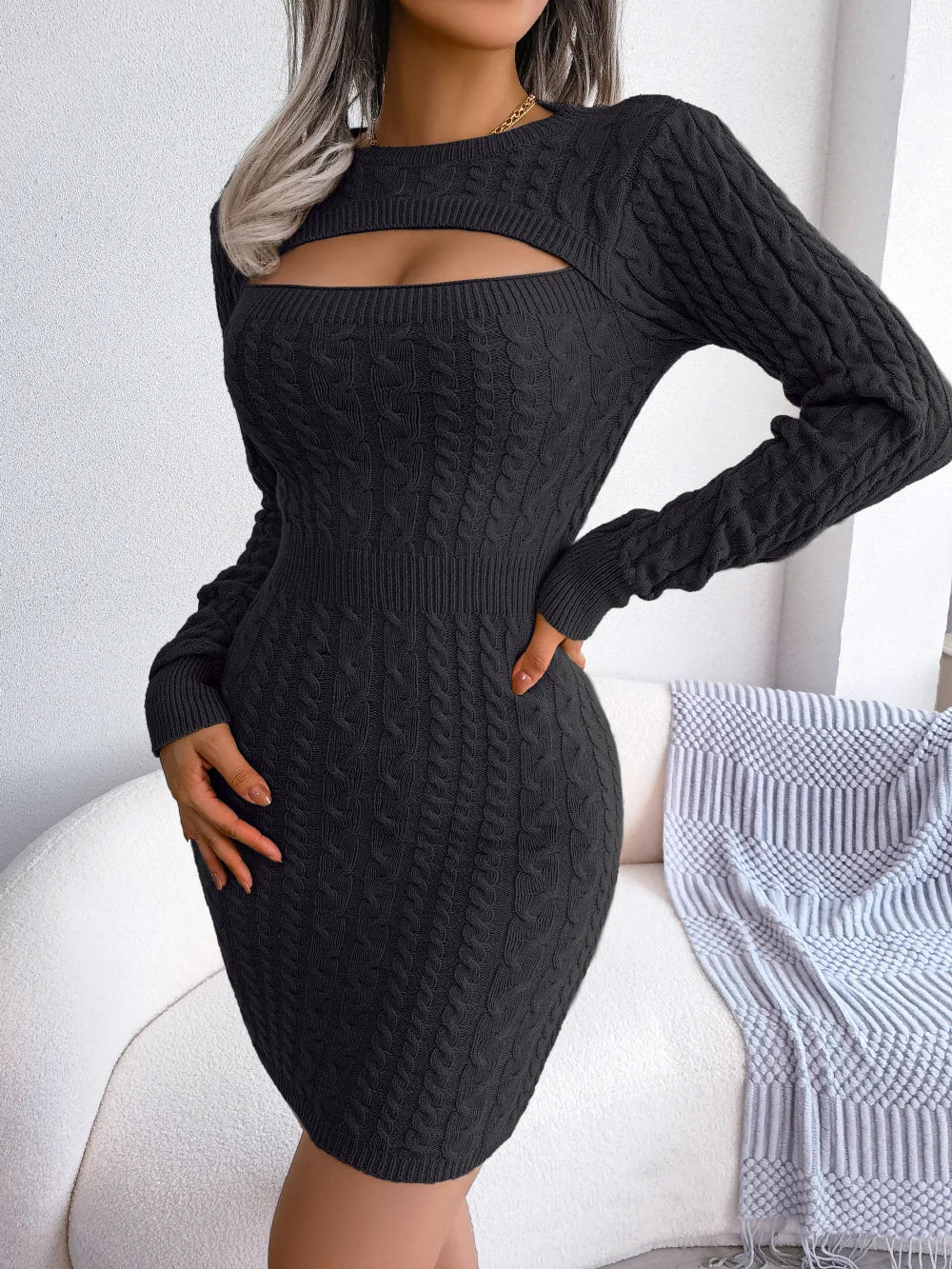 VigoCasey 2026 Blue Casual Short Knit Dress Autumn Winter Women Long Sleeve Dress Sexy Lady Solid Hollow Bodycon Knitted Dresses