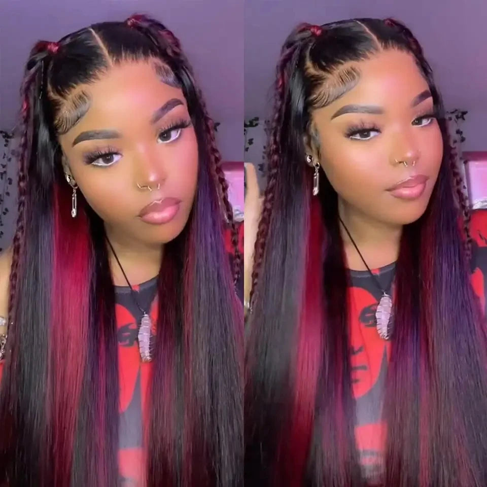 Black With Red Blonde Highlight Bone Straight Wig 5x5 Glueless Wig Human Hair Ombre Burgundy Colored Preplucked Wig Wear and Go