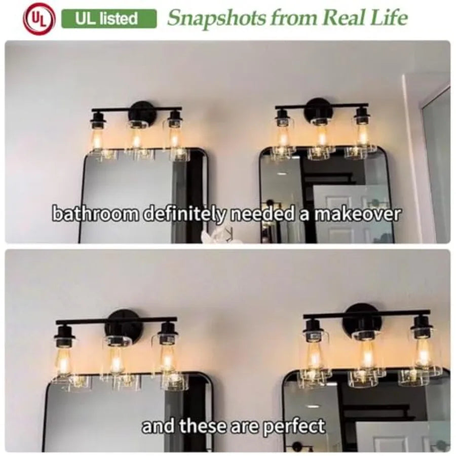 3-Light Bathroom Light Fixtures, 17.23" Black Modern Vanity Lights with Clear Glass Shade, Bathroom Wall Lamp for Mirror Kitche