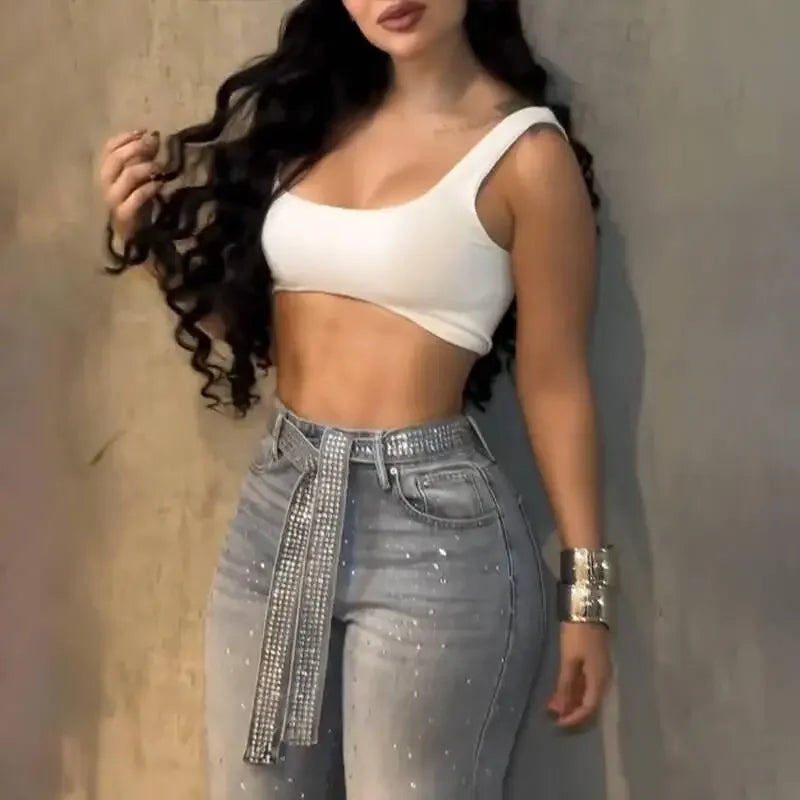2026 Women Jeans Straight Diamonds Pants Y2k Streetwear Elegant High Waist Washed Belt Loose Wide Leg Denim Trousers Bottoms