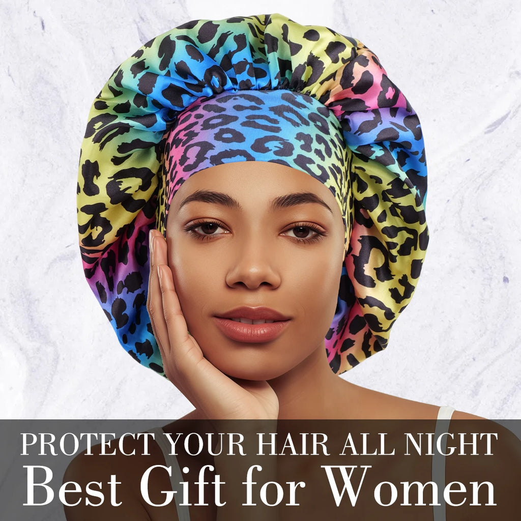 Luxurious Women's Satin Sleep Bonnet All-Over Leopard Print Nightcap for Hair Care And Fashion Style