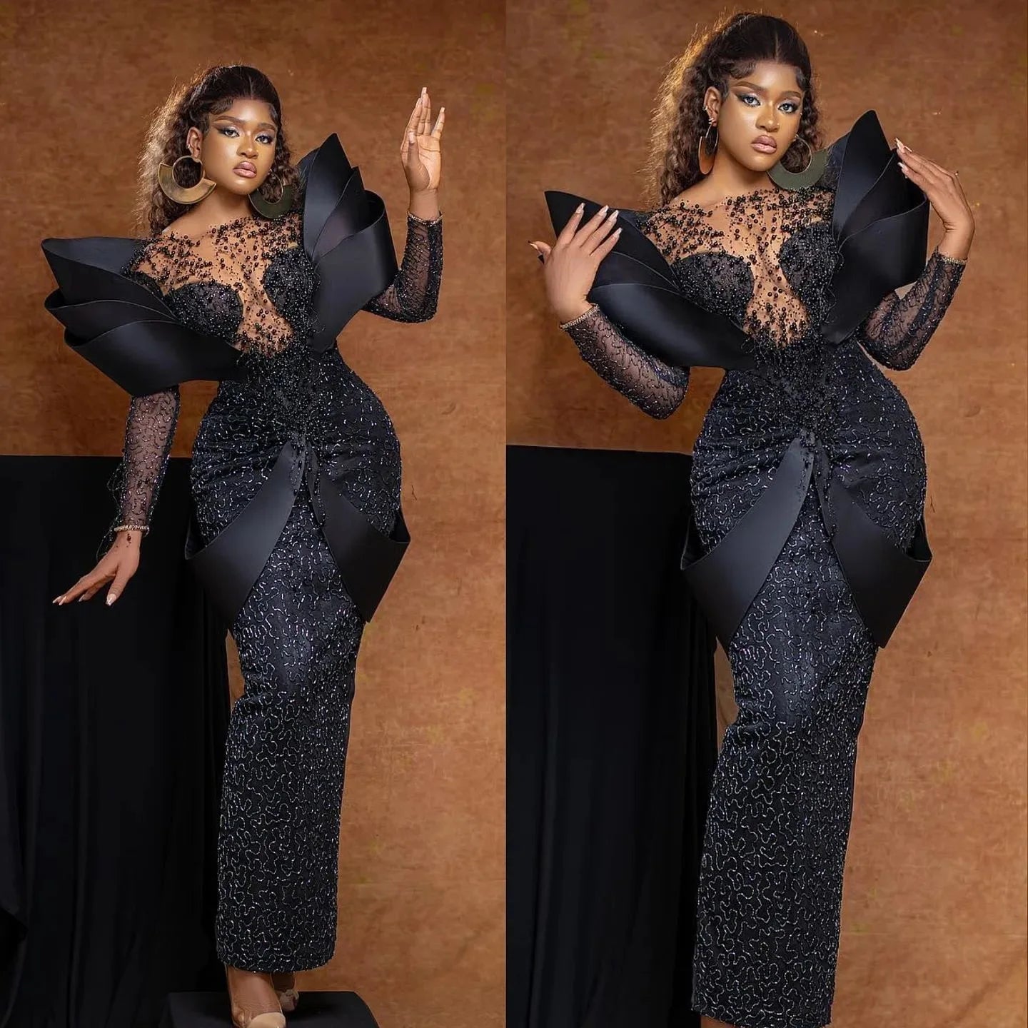 Elegant African Formal Prom Dress Handmade Beading Pearls Aso Ebi Style Evening Dresses with 3D Sleeves Black Women Party Gowns Main image