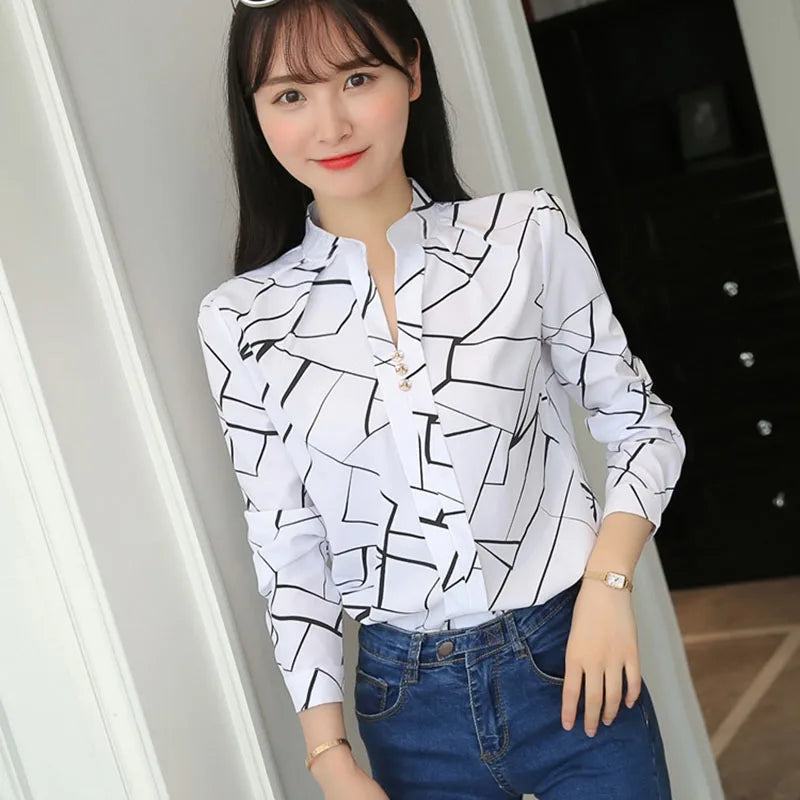 Xpqbb Autumn New White Shirt for Women Fashion Stripe Print Long Sleeve Office Lady Blouses Casual Loose Stand-up Collar Blusas Secondary image