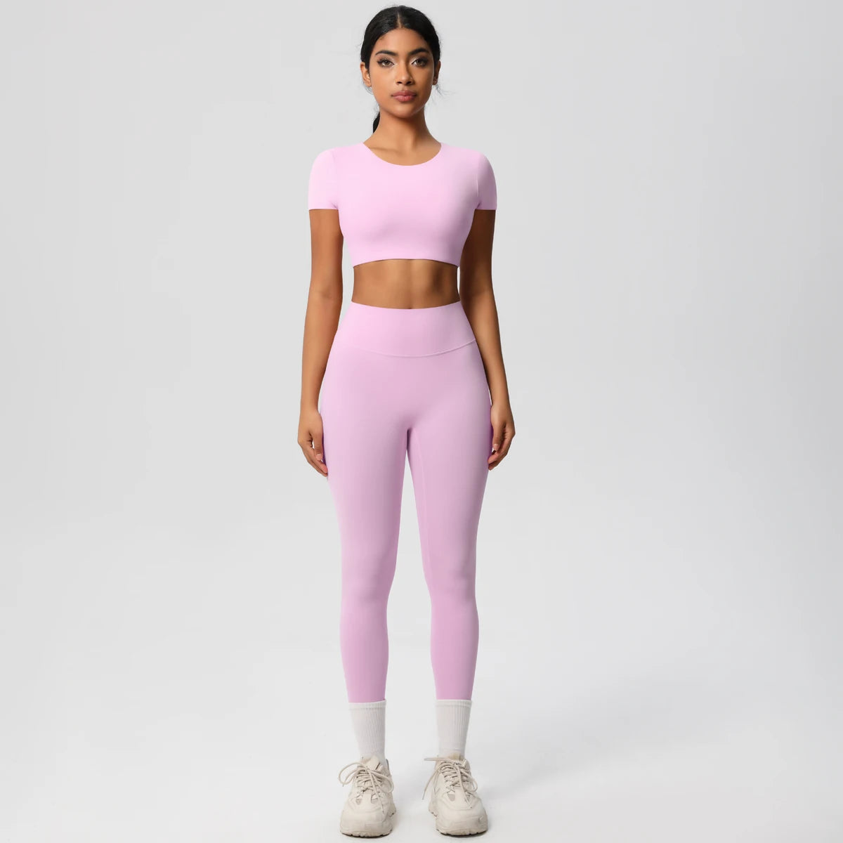 2PCS Woman Gym Sports Yoga Set Knitted Slim Workout Top Short Sleeve Quick Drying Legging Fitness Pants Running Sports Yoga Suit
