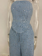Fashion Sequins Denim Set Women Strapless Tunic Waist Crop Top and Wide Leg Pant Suit 2025 &2026 New 2 Piece Sets Outfits Tracksuit