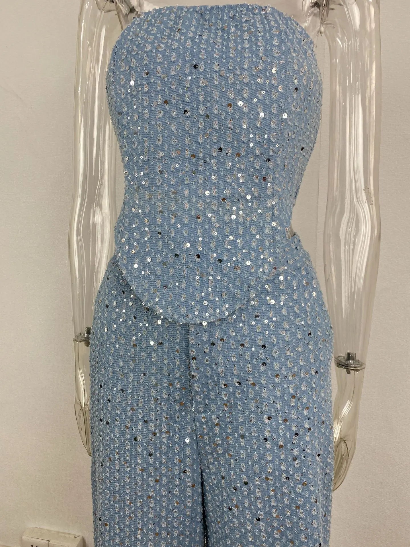 Fashion Sequins Denim Set Women Strapless Tunic Waist Crop Top and Wide Leg Pant Suit 2025 &2026 New 2 Piece Sets Outfits Tracksuit