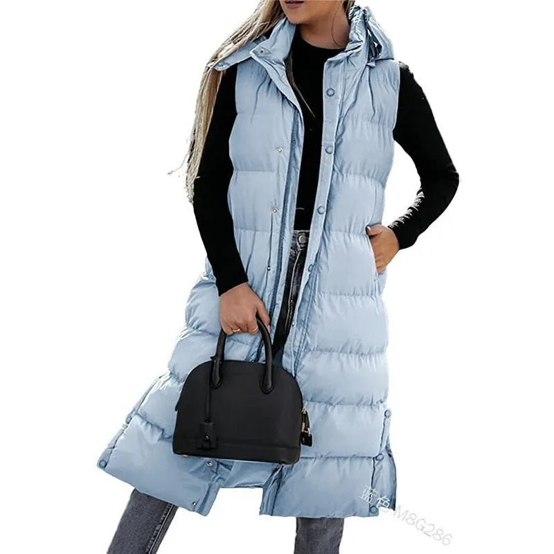 Women Solid Loose Zip Cardigan Parkas 2023 Autumn Winter Parkas Vest Coat Women Sleeveless Hooded Single Breasted Long Vest Coat