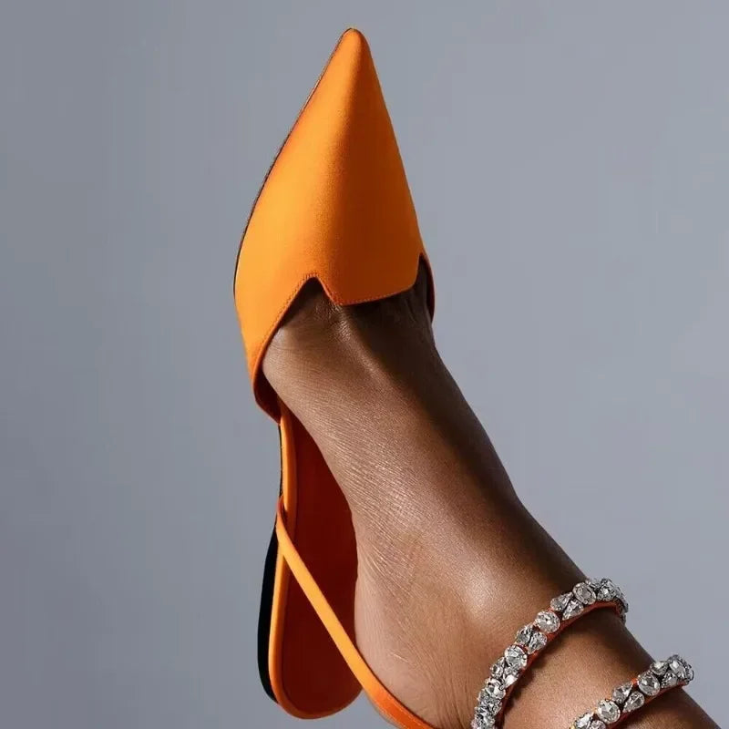 Women's Baotou Pointed Toe Rhinestone Sandals Women's Foreign Trade Flat Plus Size Silk and Satin Back Empty Shoes Main image