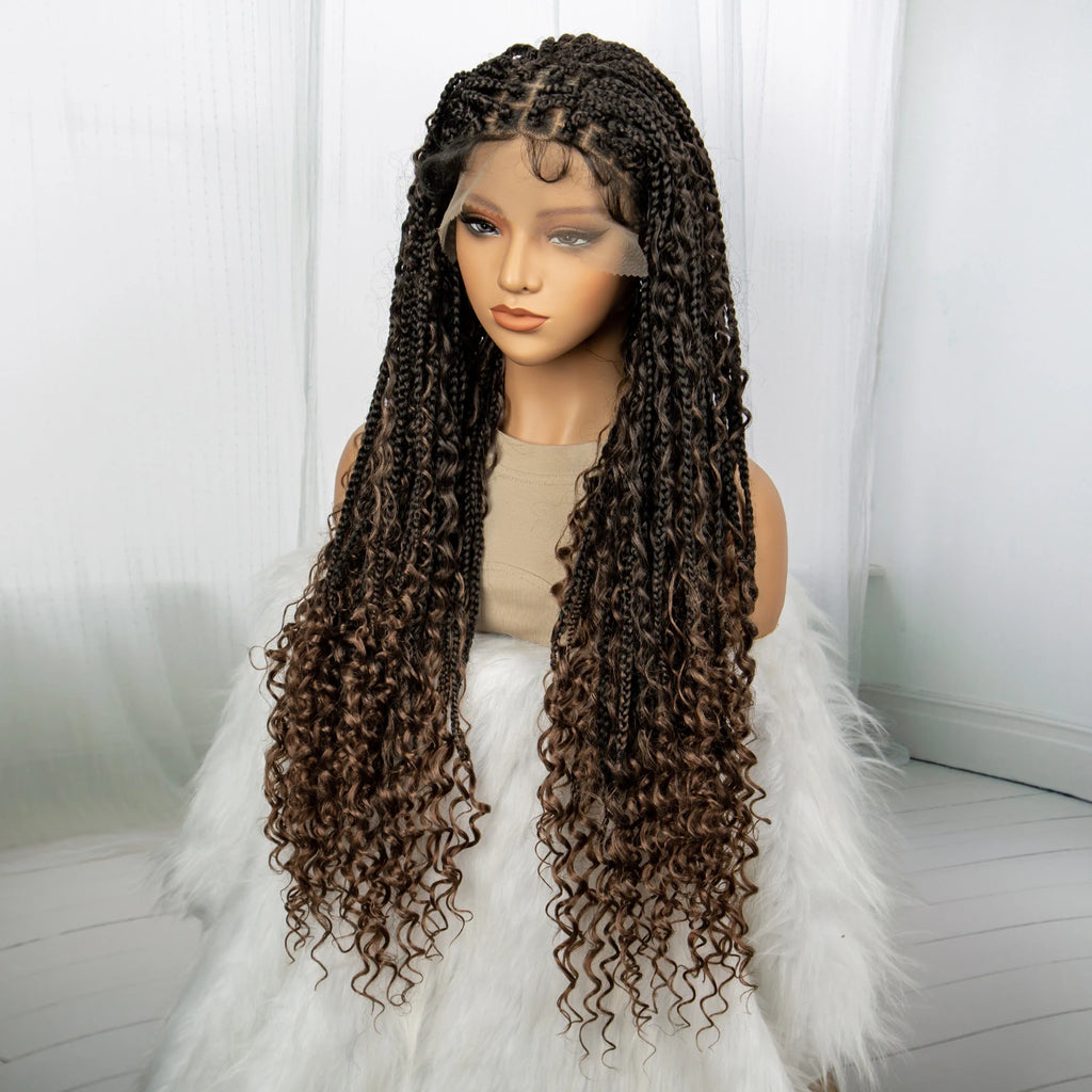 32inch Synthetic Boho Knotless Braided Wigs for Black Women Bohemian Box Braids Wigs Lace Front Braided Lace Wigs with Baby Hair