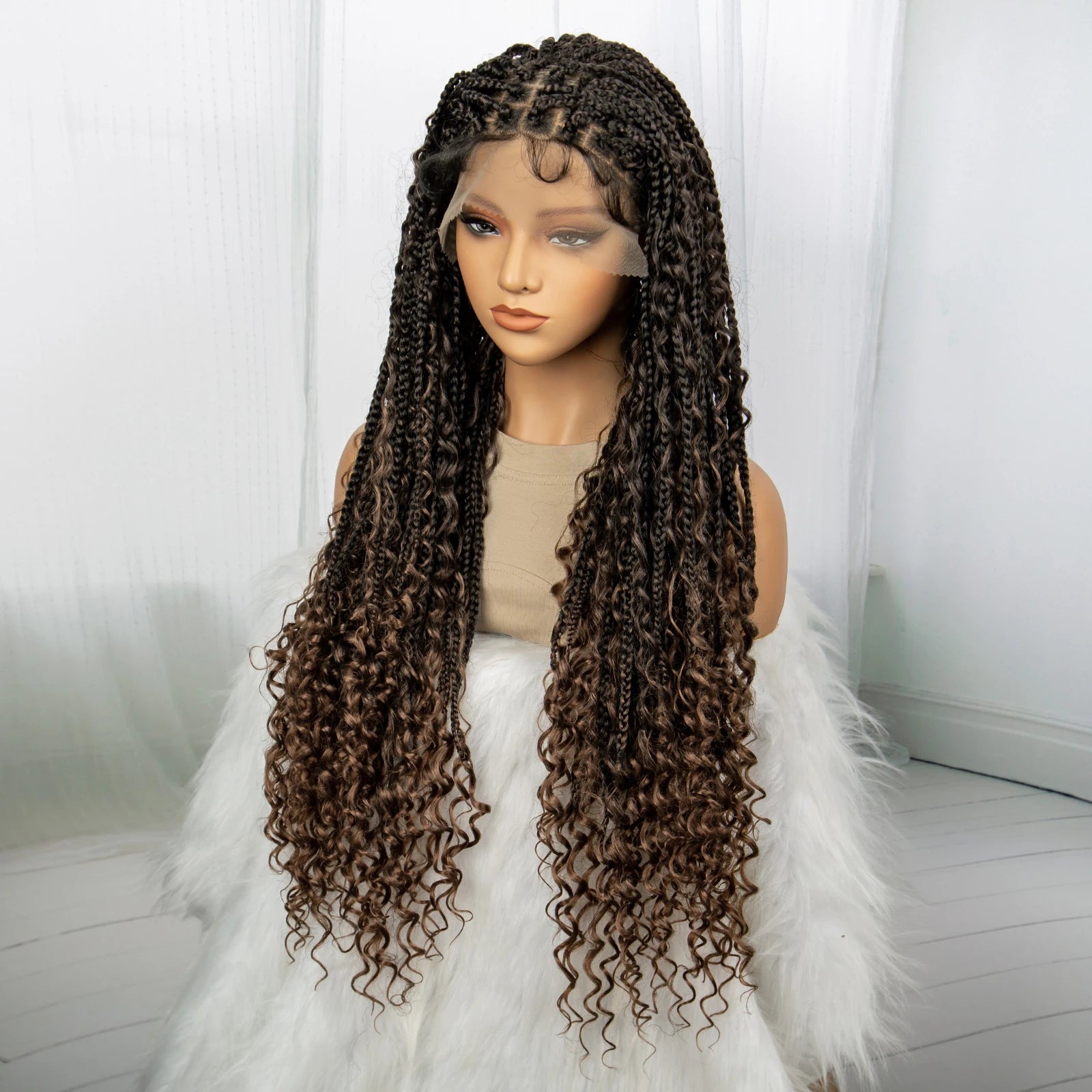32inch Synthetic Boho Knotless Braided Wigs for Black Women Bohemian Box Braids Wigs Lace Front Braided Lace Wigs with Baby Hair