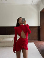 Sexy Hollow-out Pleated Mini Dress Women Fashion Solid Half High Collar Long Sleeve Slim Dresses 2025 Lady Party Club Robes