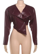 Sisterlinda Faux Leather Single Button Crop Jacket Women Autumn Trend Cross Neck Full Sleeve Wild Style Classic Streetwear Coat