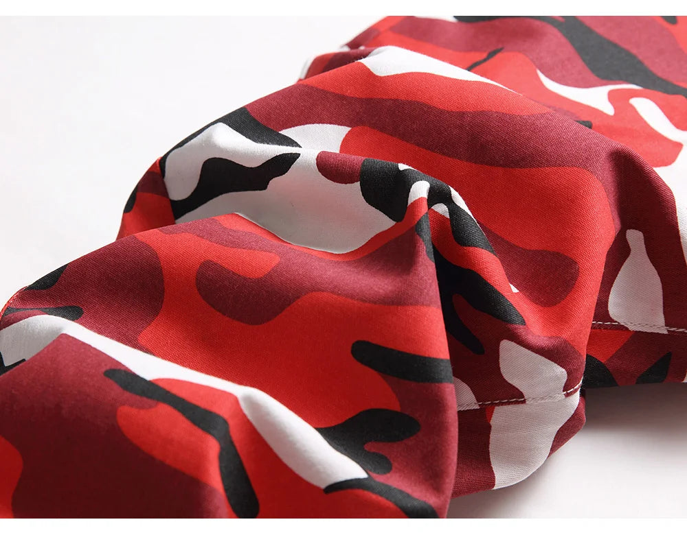 Men Red Camouflage Print Jeans Casual Slim Straight Pants Contrast Color Streetwear Trousers
