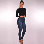 Women High Waist Elastic Slim Fit Skinny Jeans Lady Vintage Button Pencil Long Pants Narrow Straight Wrap Hips Casual Trousers