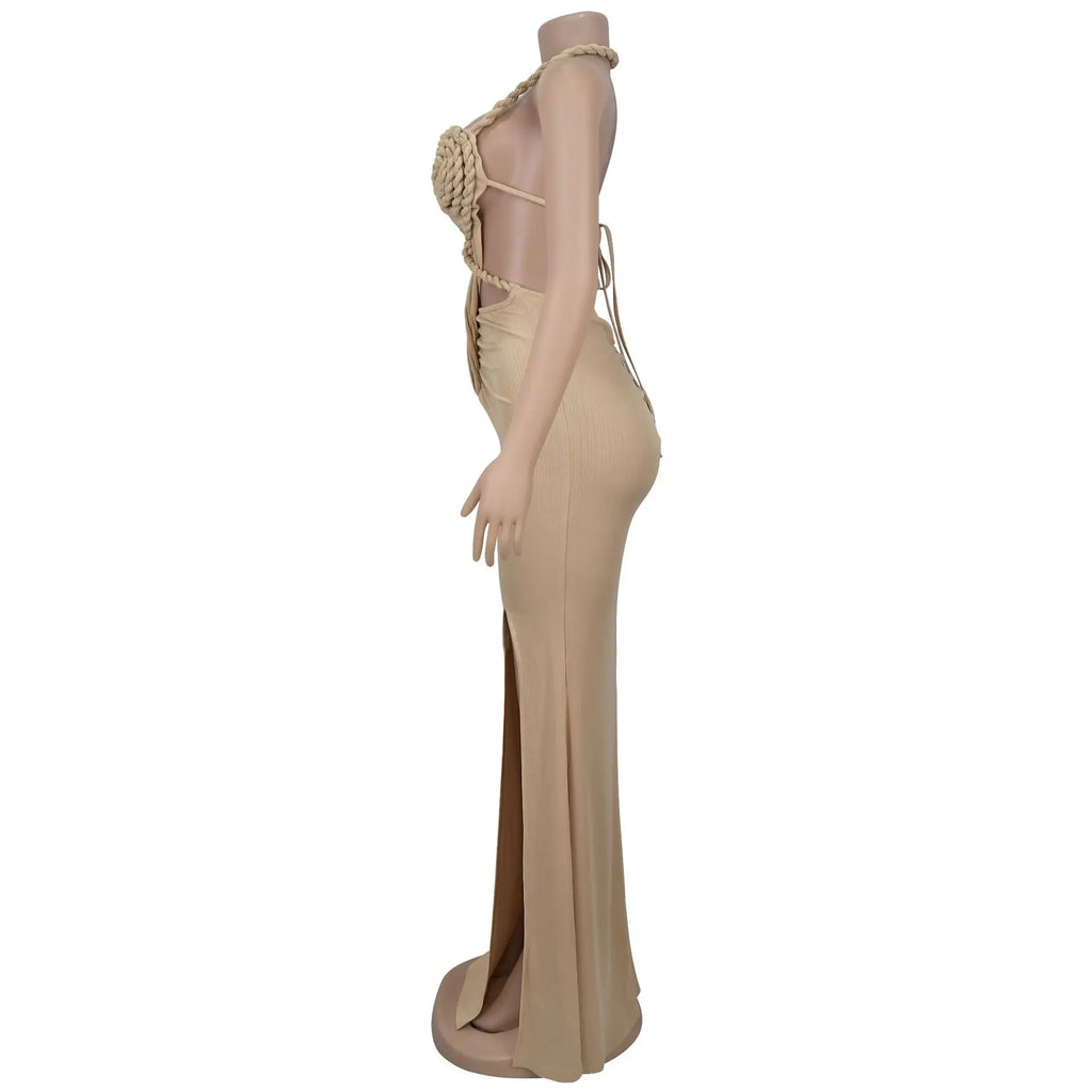Women's Hollow Out Sleeveless Sexy Knitted Halter Neck Backless Solid Color Dress for Summer 2025