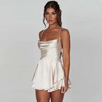 Sexy Women's Backless Dress Cross Strap Sleeveless Round Neck Short Summer Pure Color Satin Evening Dress Jumpsuit Vest Club Bar Nightclub Outfit