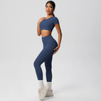 2PCS Woman Gym Sports Yoga Set Knitted Slim Workout Top Short Sleeve Quick Drying Legging Fitness Pants Running Sports Yoga Suit