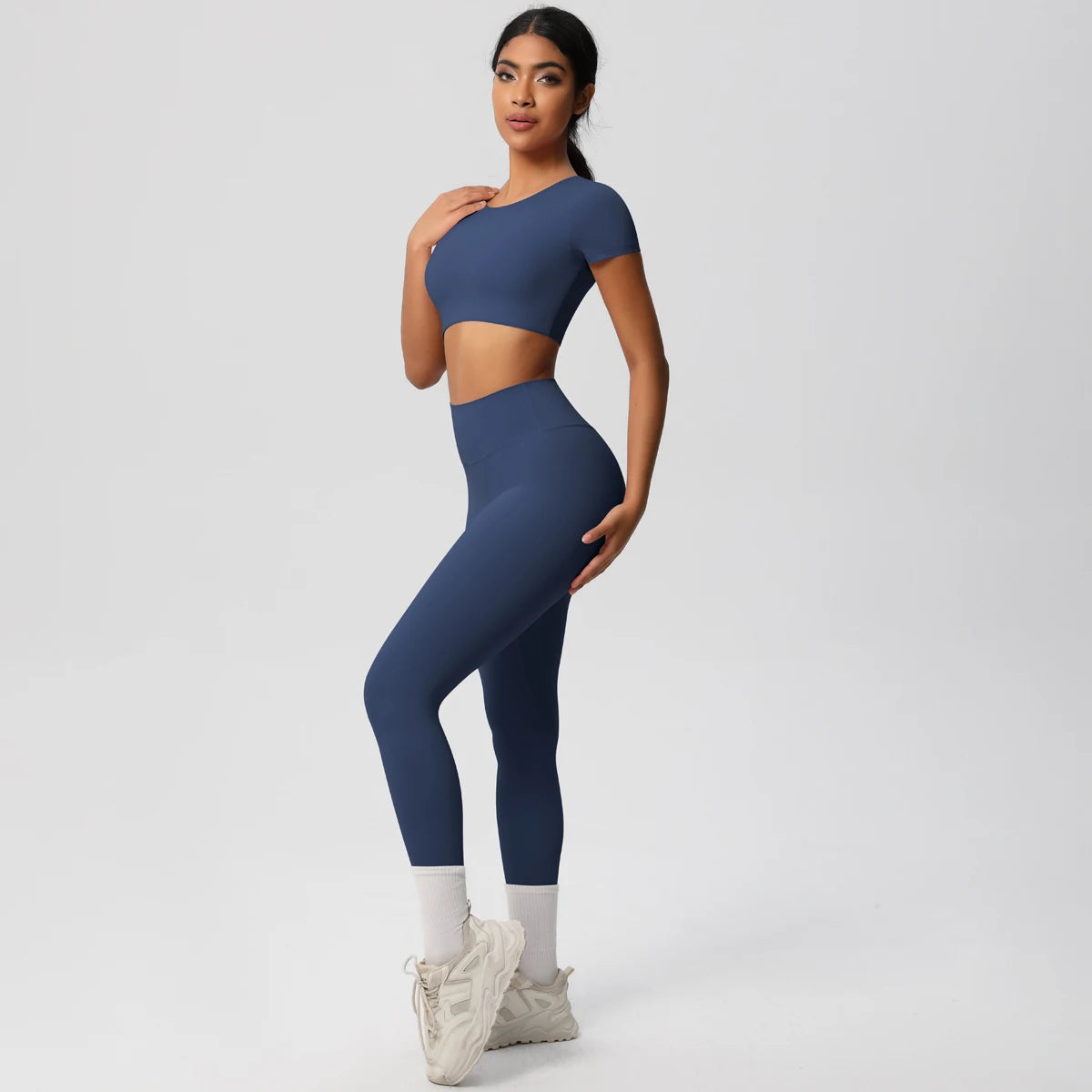 2PCS Woman Gym Sports Yoga Set Knitted Slim Workout Top Short Sleeve Quick Drying Legging Fitness Pants Running Sports Yoga Suit