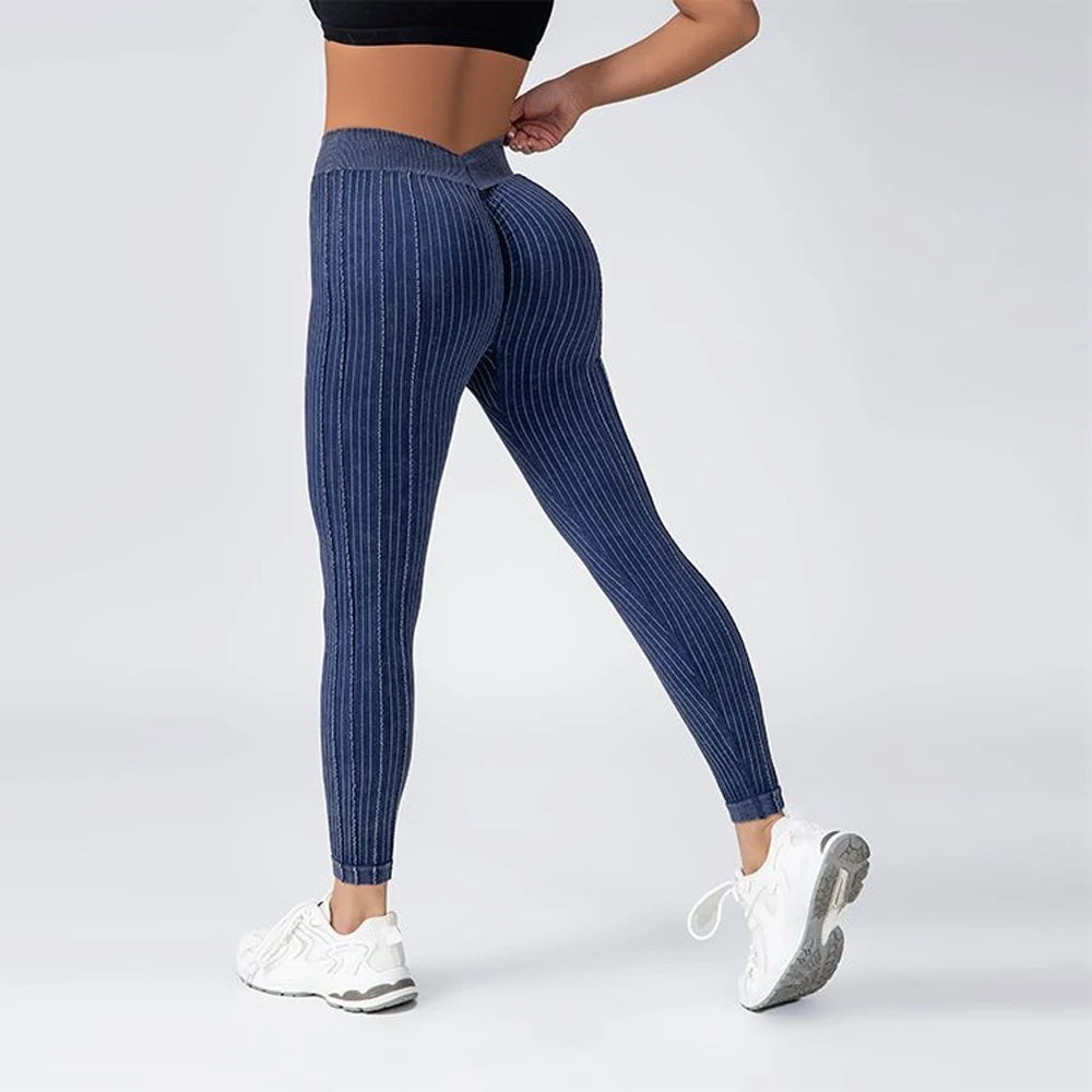 Women Striped Leggings V Back Fashion Gym Outdoor Fitness Athletic Workout Elastic Leggins Yoga Pants Sports Training Tights Secondary image