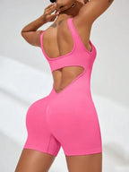 Sexy Backless Women Yoga Rompers U Neck Sleeveless Threaded Jumpsuit Solid Color Elastic Bodysuit Without Bust Pads Streetwear