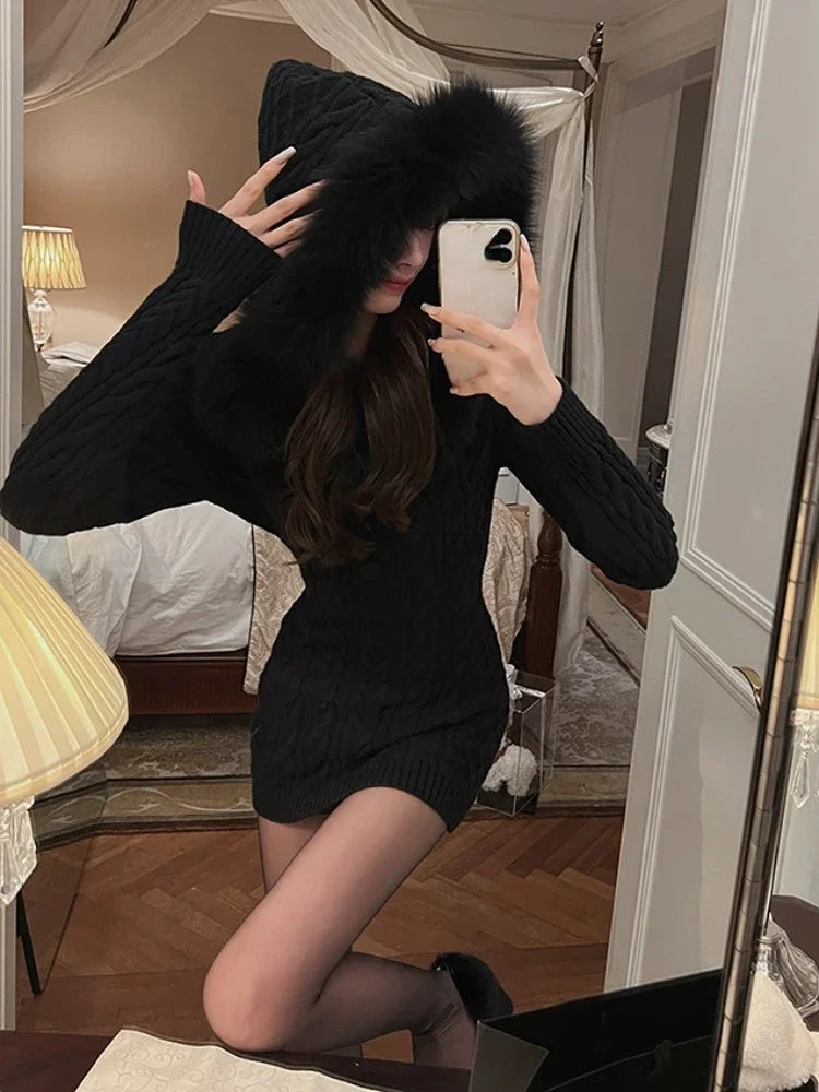 2023 Winter Knitted Sweater Dress with Hooded Women Slim Bodycon Y2k Mini Dress Faux Fur Female One Piece Dress Korean Elegant