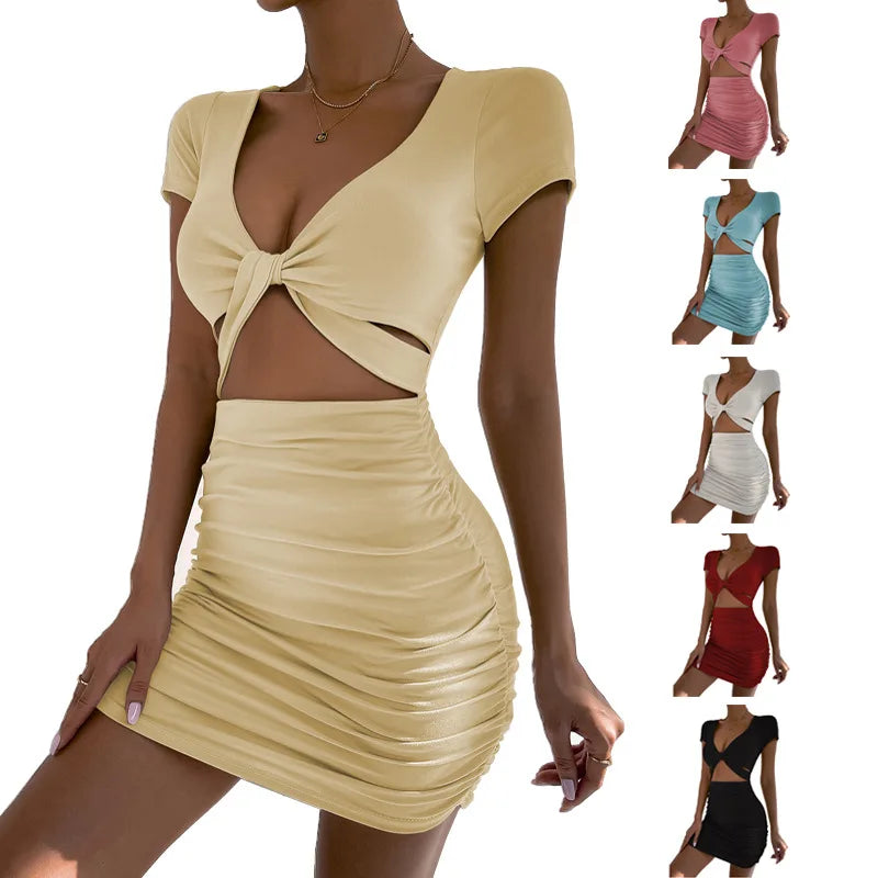 2026 cross-border women's short-sleeved summer Europe and the United States sexy V-neck Fanny pack buttock dress