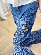 Summer Women Jeans Floral Embroidery Straight Trousers Designer Streetwear Casual Hollow Out Vintage High Waist Denim Long Pants
