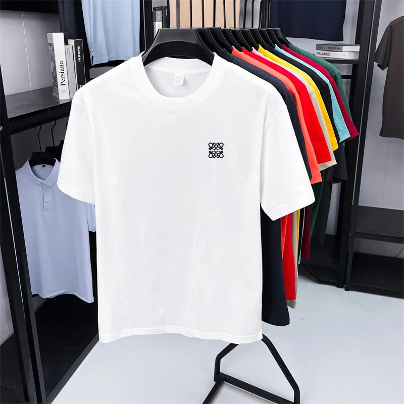 Summer Luxury 100%cotton Man Short-Sleeved T-Shirt Round Neck Delicate Embroidery Absorb Sweat Ventilate Leisure Men's Clothing