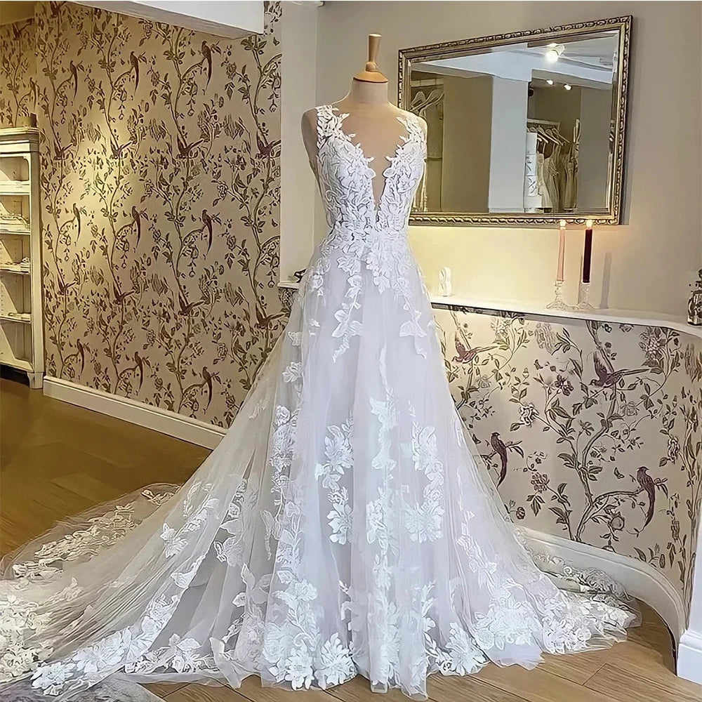 Exquisite Wedding Dress For Bride V-Neck Backless Bride Gown With Lace Applique A-Line Sweep Train Vestidos De Novia 2026 Nuevos