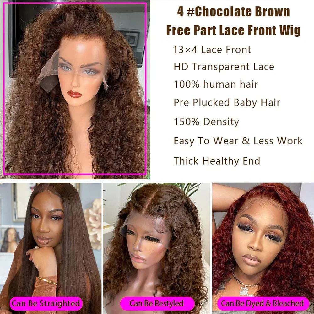 40 Inch Human Hair Wig Deep Wave 13x4Hd Lace Frontal Human Hair Water Wave 100% Lace Front Wig Chocolate Brown Curly Wigs Women