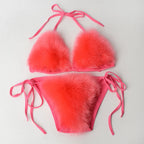 Summer Women Fake Fox Fur Sexy Halter Solid Color Bikini Set Swimsuits Triangle Sexy Bikini Set Faux Fur Swimsuit Plush Swimwear