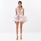 Elegant Floral Print Puff Sleeve Ball Gown Mini Dress Women 3D Flower V-neck Summer Beach Dresses Chic Holiday Evening Vestidos