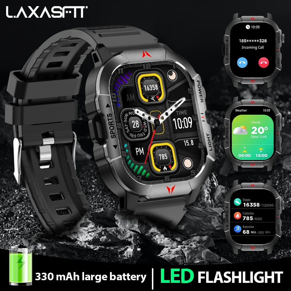 LAXASFIT New Smart Watch 2.01 Display Men Sports Watch LED Flashlight Bluetooth Call Health Monitor IP68 Waterproof Smart Watch Main image