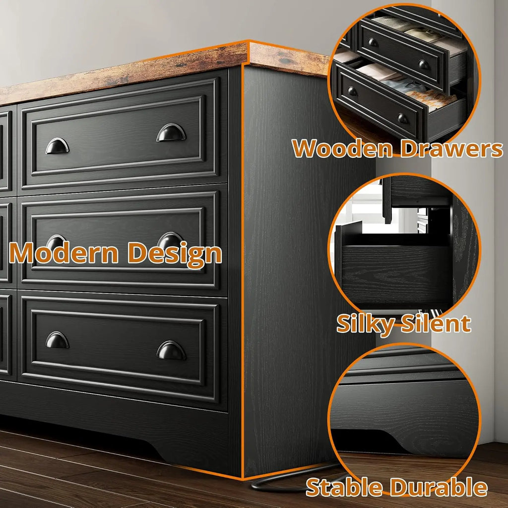 59" 6 Drawers Dresser for Bedroom, Power Strip, Farmhouse Large Wood Dressers & Chest of Drawers with Wide Storage, Customized