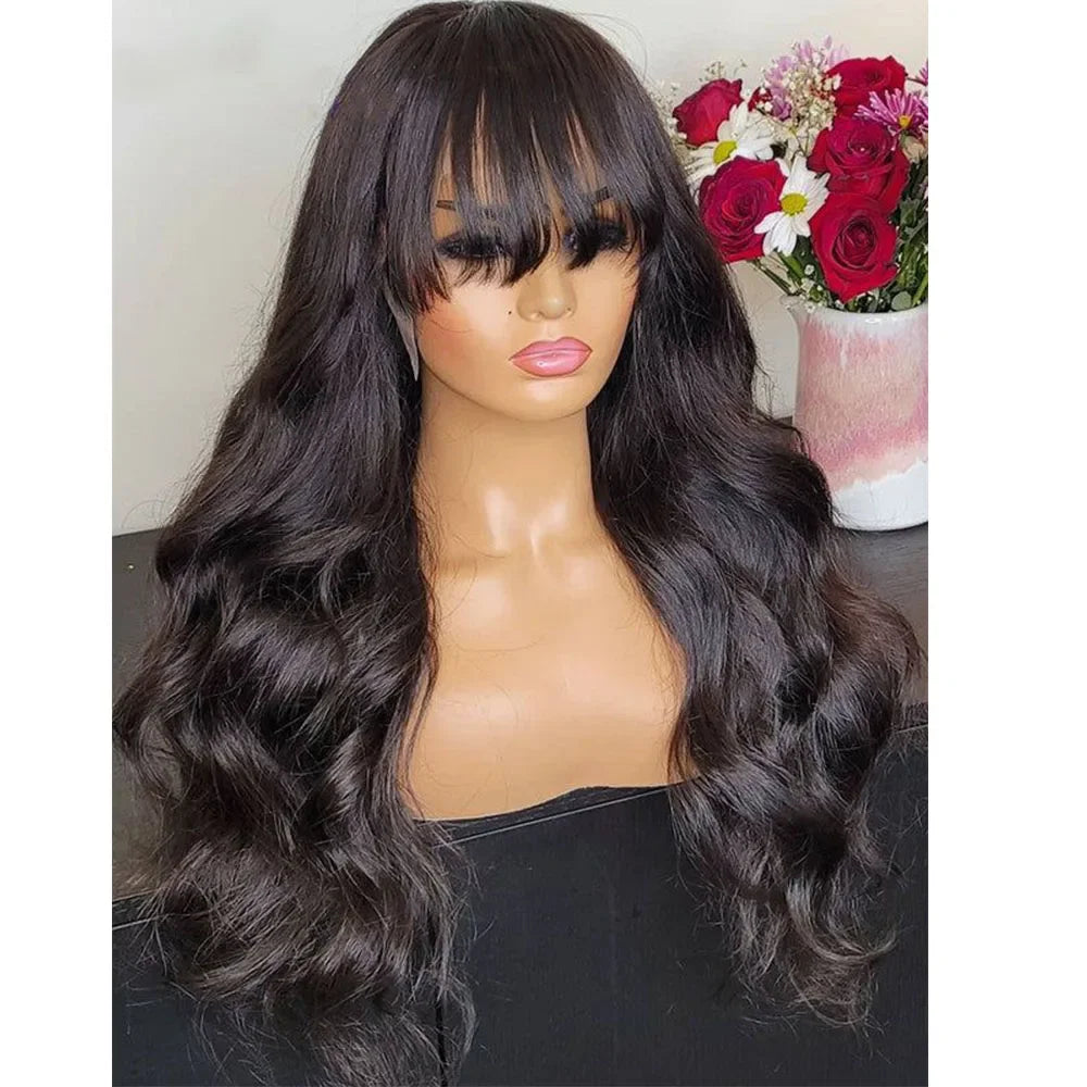 FUGANGXIU-12A Body Wave Human Hair Wig With Bang Full Machine Made Glueless Wear And Go Brazilian Virgin Hair Natural Color